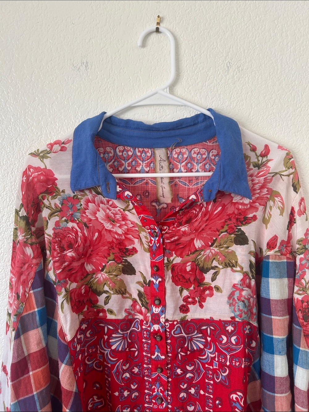 Mixed-Print Floral & Plaid Button-Up Blouse - Red/Blue - Picture 3 of 10